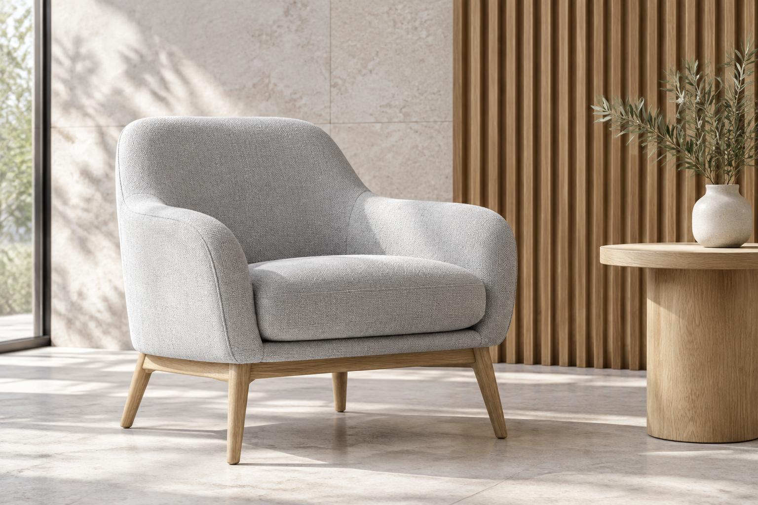 Grey upholstered contract lounge chair with oak legs